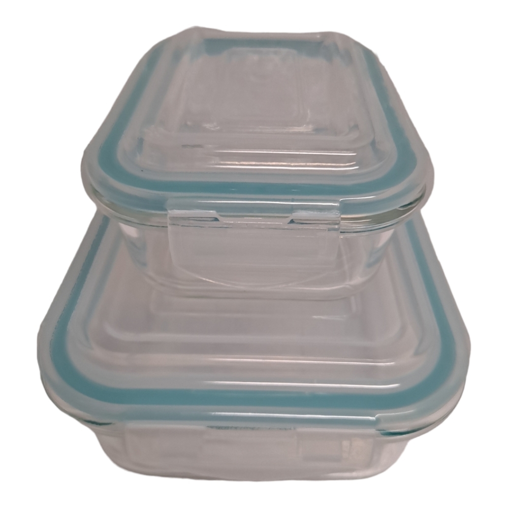 Glass Storage Rectangle Food Bowls (4 Piece Set  - 2 Lids, 2 Rectangle Bowls)